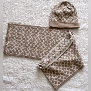Coach beanie cap and scarf w/ gold shimmer thread detail combo.